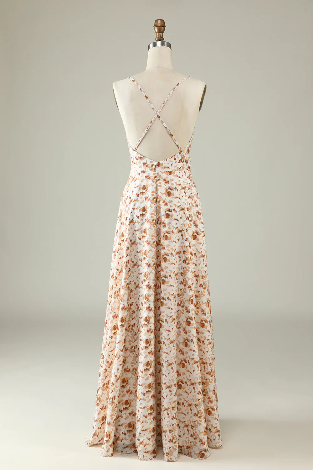 Spaghetti Straps Brown Floral Boho Bridesmaid Dress With Ruffles